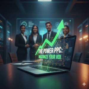 A team of marketing professionals in a data center looking at a laptop displaying growth charts and PPC advertising metrics, representing successful digital campaigns and maximized ROI.