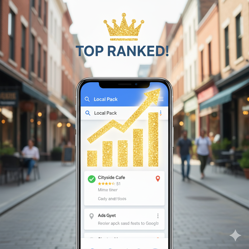 Small business owner smiling while checking local search rankings and Google Maps results on a tablet.