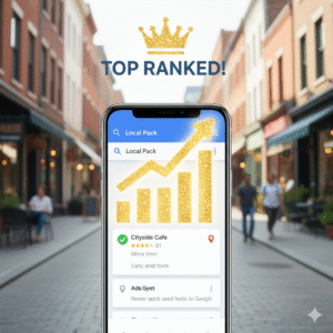 Small business owner smiling while checking local search rankings and Google Maps results on a tablet.