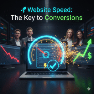Laptop screen displaying a fast website speed meter with a checkmark, surrounded by graphs showing increased conversions and a rocket icon, representing optimized Website Speed and boosted conversion rates.